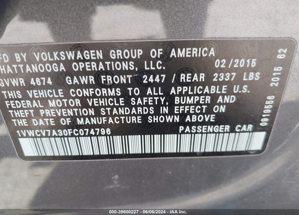 2015 VOLKSWAGEN PASSAT 2.0L TDI SEL PREMIUM VIN: 1VWCV7A30FC074796
