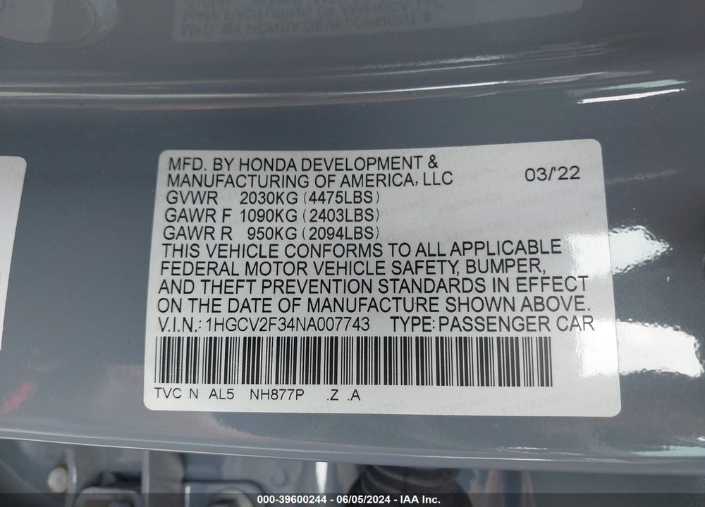 2022 HONDA ACCORD SPORT 2.0T VIN: 1HGCV2F34NA007743