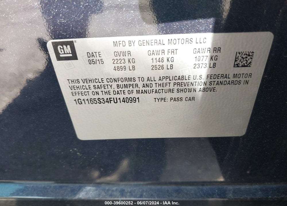 2015 CHEVROLET IMPALA 2LZ VIN: 1G1165S34FU140991