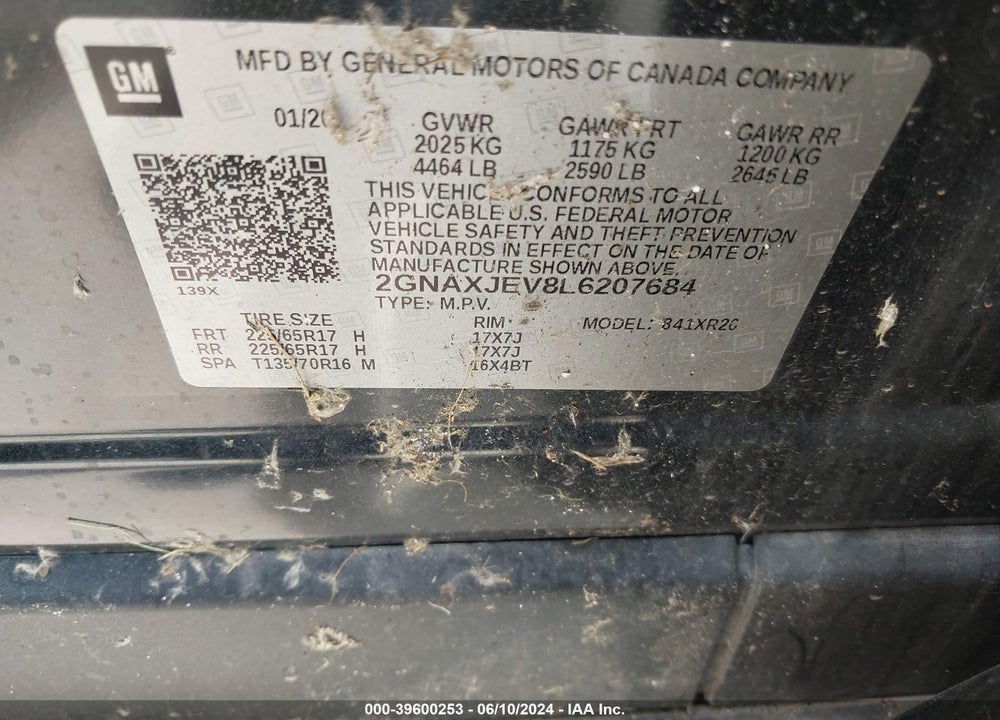 2020 CHEVROLET EQUINOX FWD 2FL VIN: 2GNAXJEV8L6207684