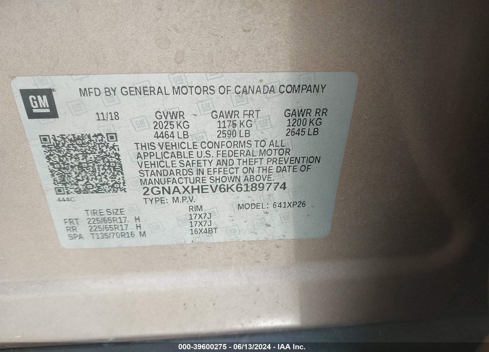 2019 CHEVROLET EQUINOX LS VIN: 2GNAXHEV6K6189774