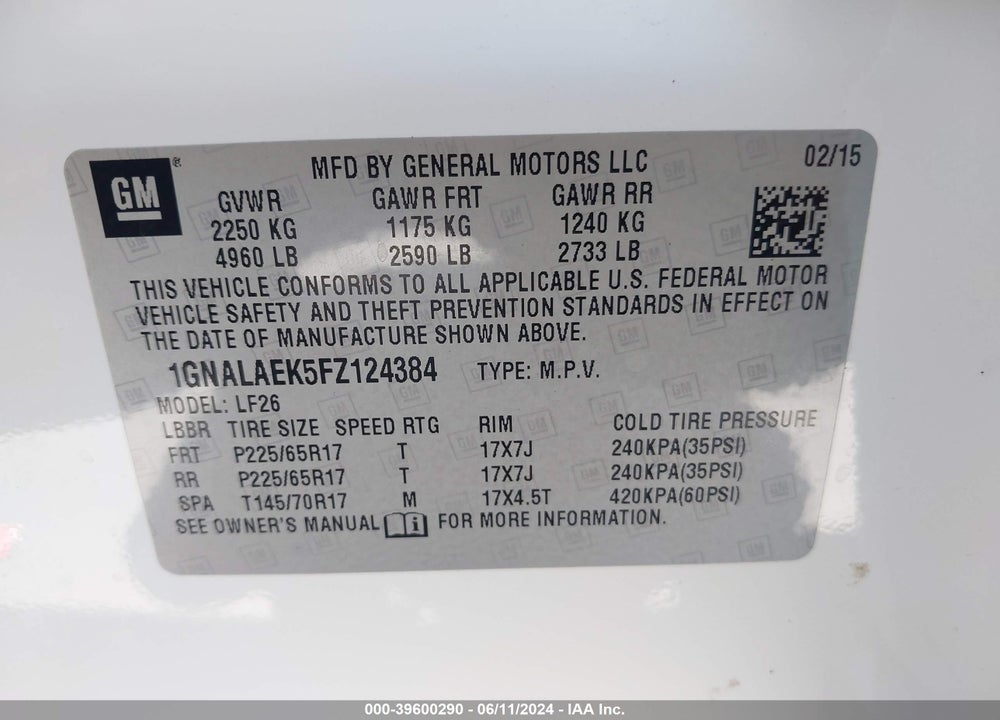 2015 CHEVROLET EQUINOX LS VIN: 1GNALAEK5FZ124384