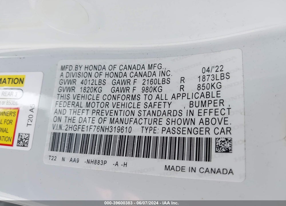 2022 HONDA CIVIC EX VIN: 2HGFE1F76NH319610