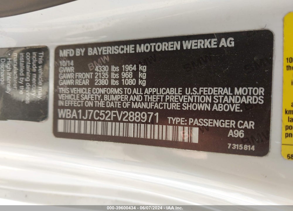 2015 BMW M235 VIN: WBA1J7C52FV288971