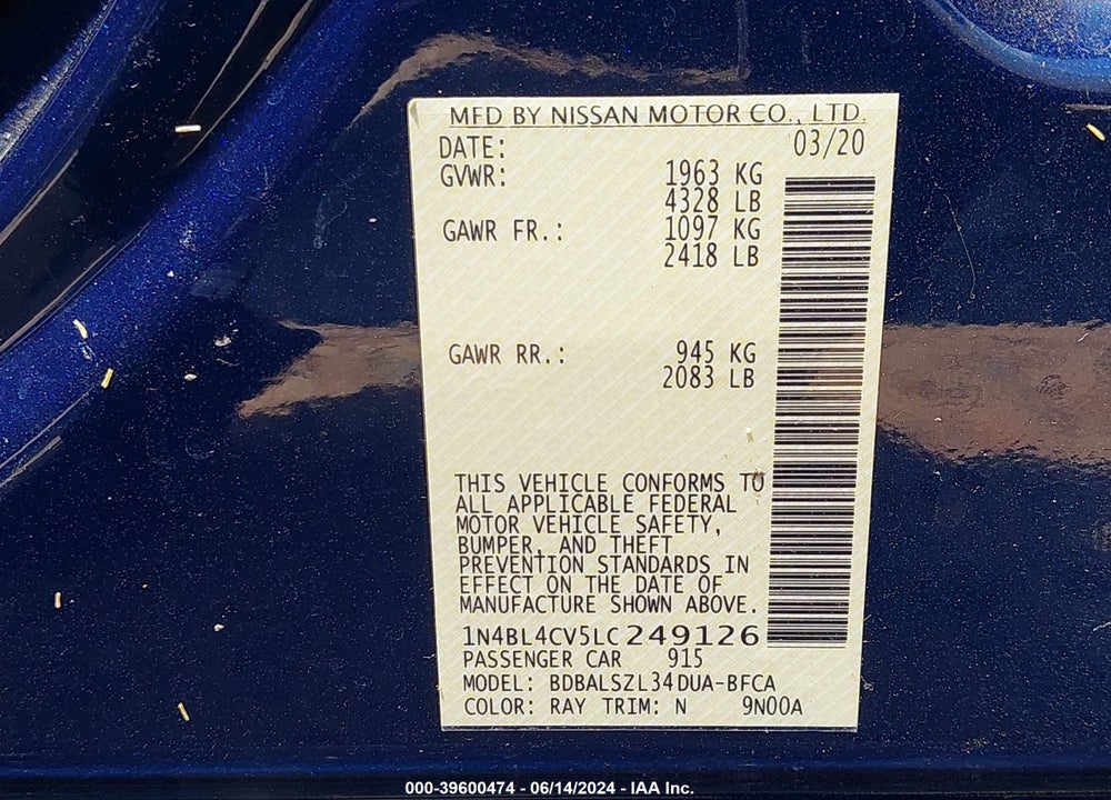 2020 NISSAN ALTIMA SR FWD VIN: 1N4BL4CV5LC249126