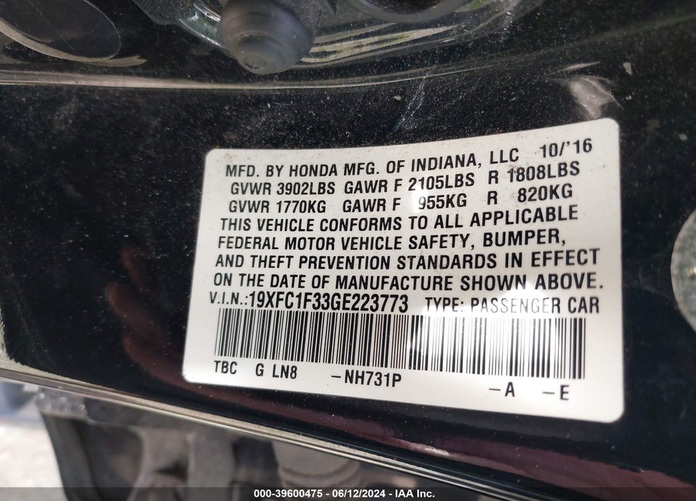 2016 HONDA CIVIC EX-T VIN: 19XFC1F33GE223773
