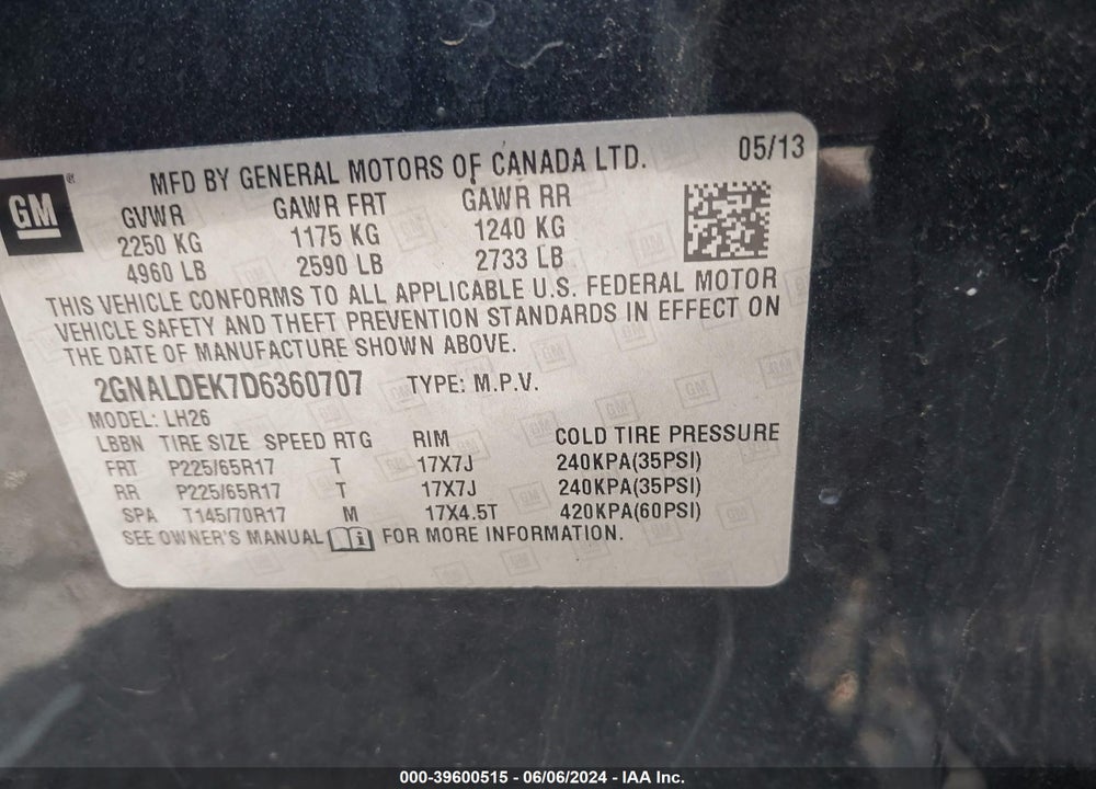 2013 CHEVROLET EQUINOX 1LT VIN: 2GNALDEK7D6360707