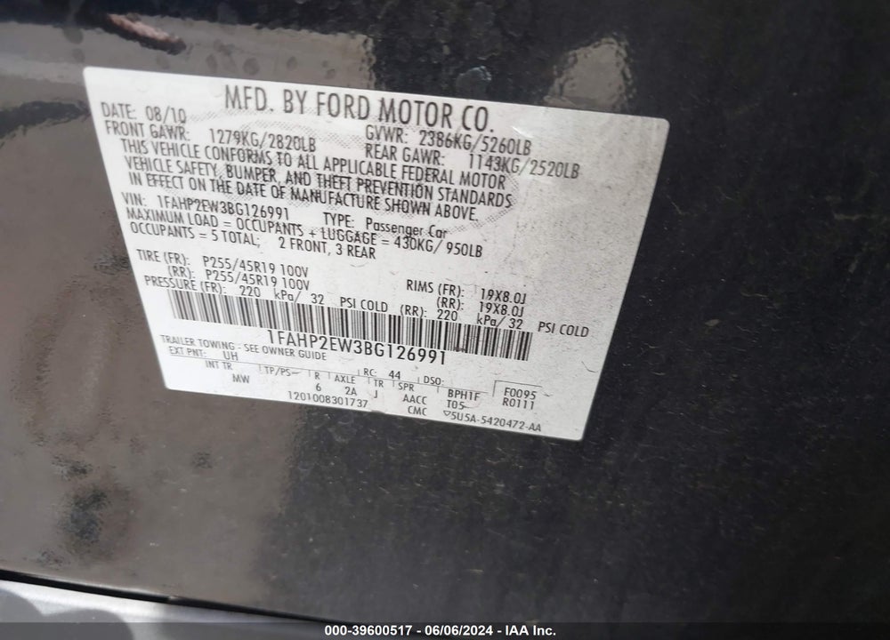 2011 FORD TAURUS SEL VIN: 1FAHP2EW3BG126991