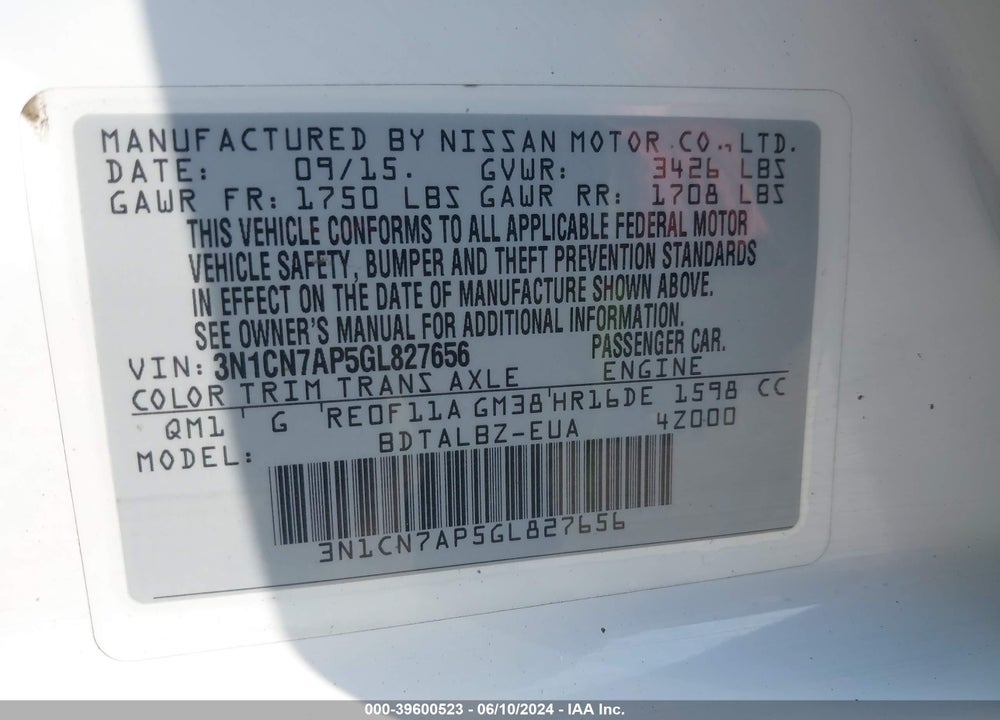 2016 NISSAN VERSA 1.6 S/1.6 S+/1.6 SL/1.6 SV VIN: 3N1CN7AP5GL827656