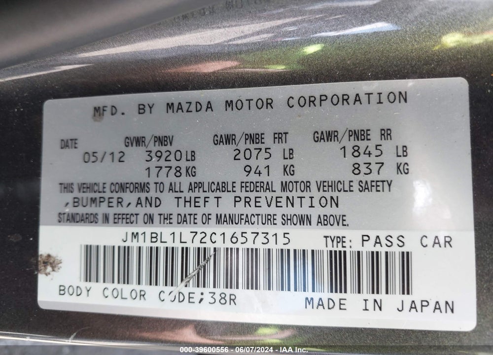 2012 MAZDA 3 I TOURING VIN: JM1BL1L72C1657315