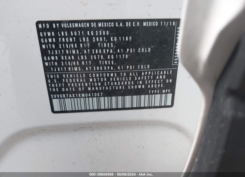 2019 VOLKSWAGEN TIGUAN 2.0T S VIN: 3VV0B7AX1KM041057