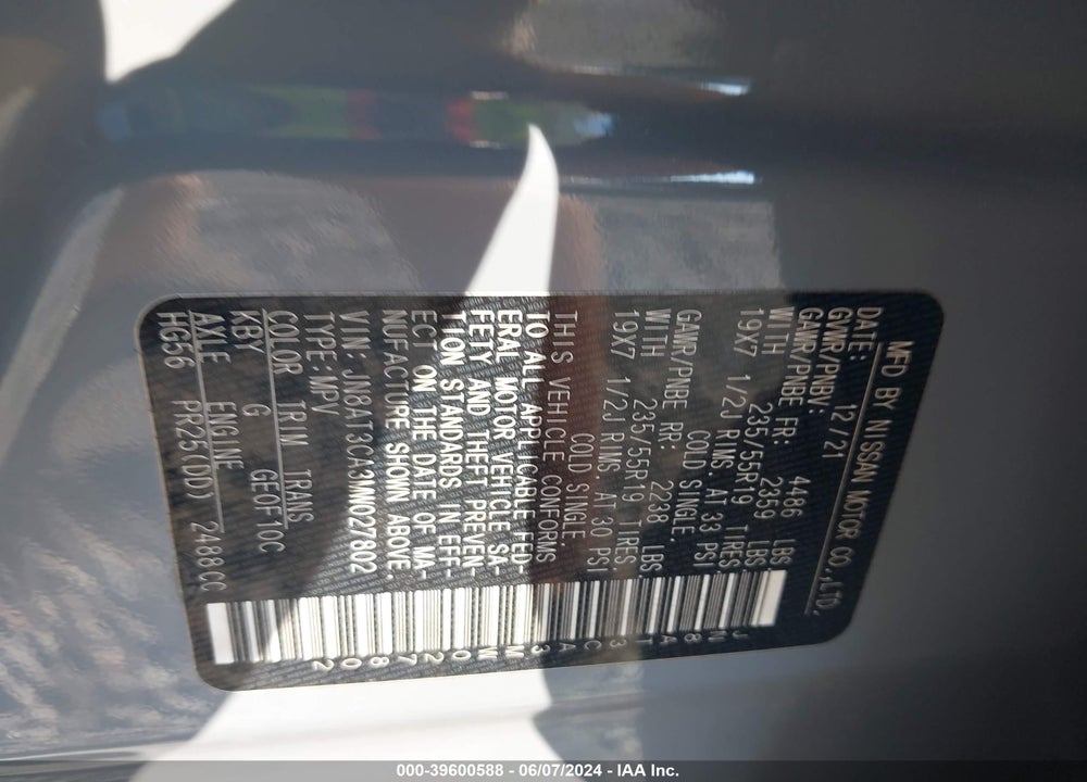 2021 NISSAN ROGUE SL FWD VIN: JN8AT3CA3MW027802
