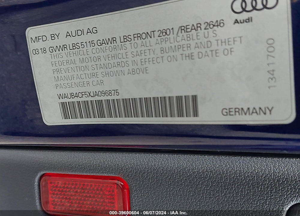 2018 AUDI S5 3.0T PREMIUM PLUS VIN: WAUB4CF5XJA096875