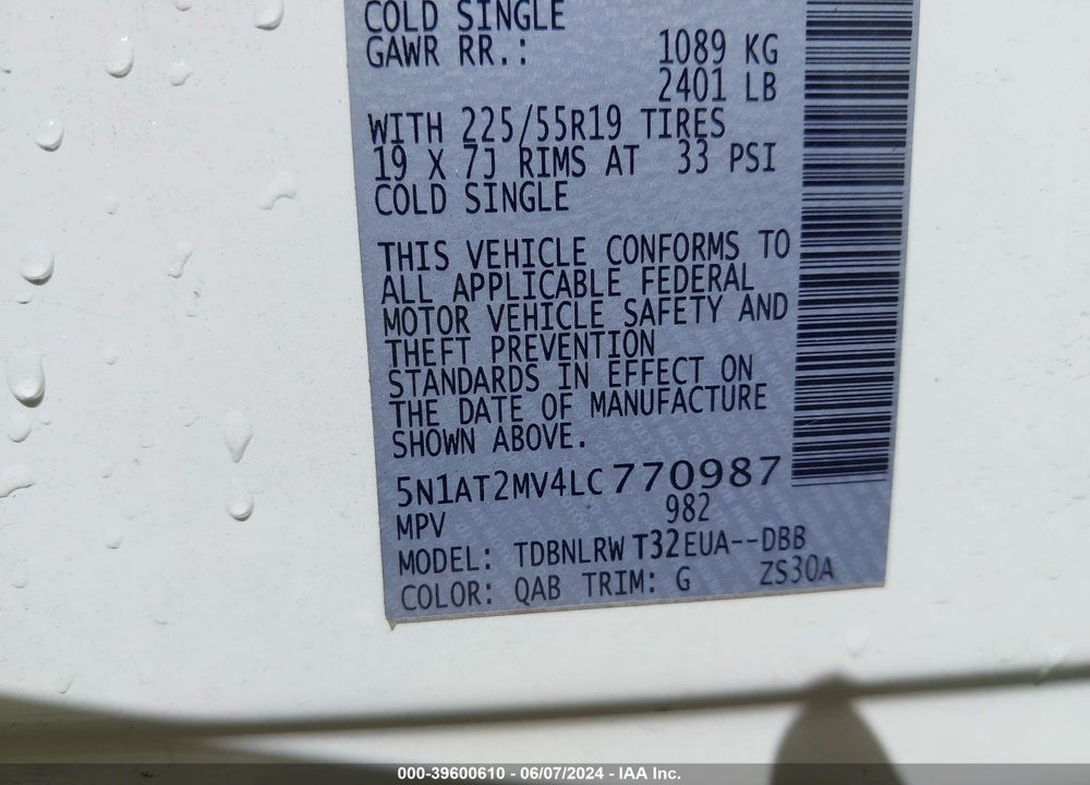 2020 NISSAN ROGUE SL INTELLIGENT AWD VIN: 5N1AT2MV4LC770987