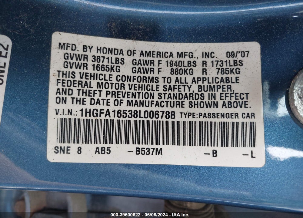 2008 HONDA CIVIC LX VIN: 1HGFA16538L006788