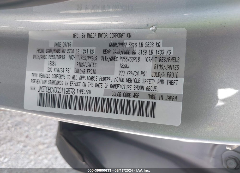2016 MAZDA CX-9 TOURING VIN: JM3TCBCY0G0119878