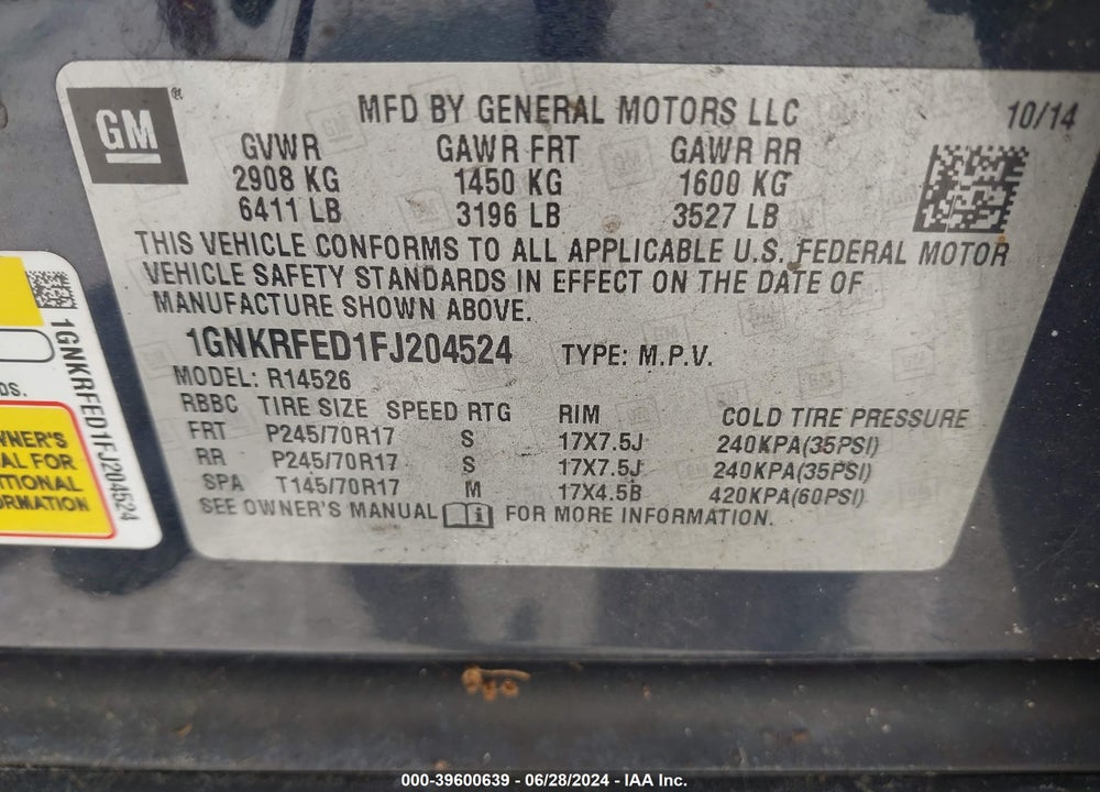 2015 CHEVROLET TRAVERSE LS VIN: 1GNKRFED1FJ204524