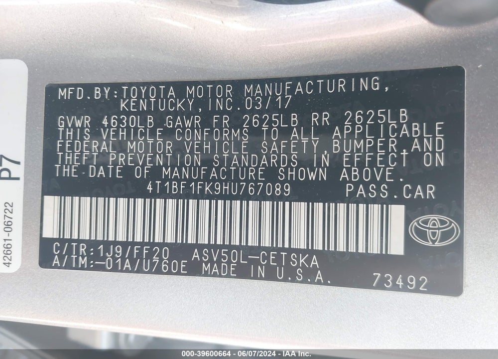 2017 TOYOTA CAMRY SE VIN: 4T1BF1FK9HU767089