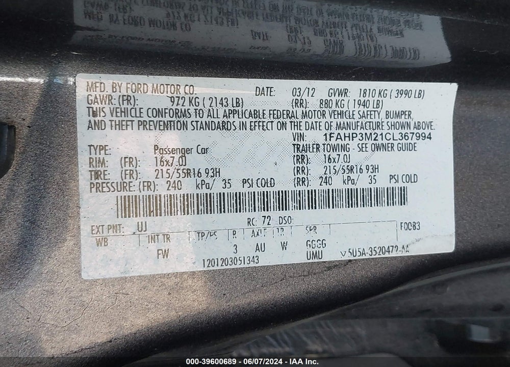 2012 FORD FOCUS SEL VIN: 1FAHP3M21CL367994