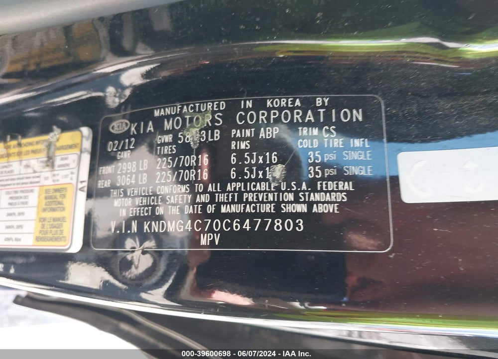 2012 KIA SEDONA LX VIN: KNDMG4C70C6477803