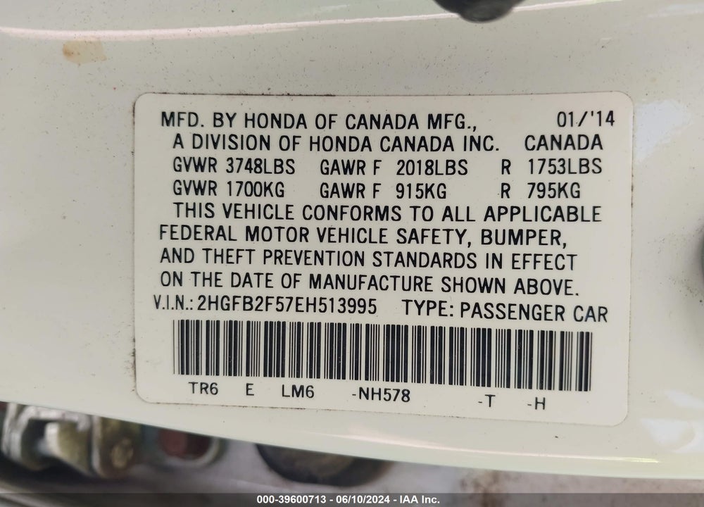 2014 HONDA CIVIC LX VIN: 2HGFB2F57EH513995