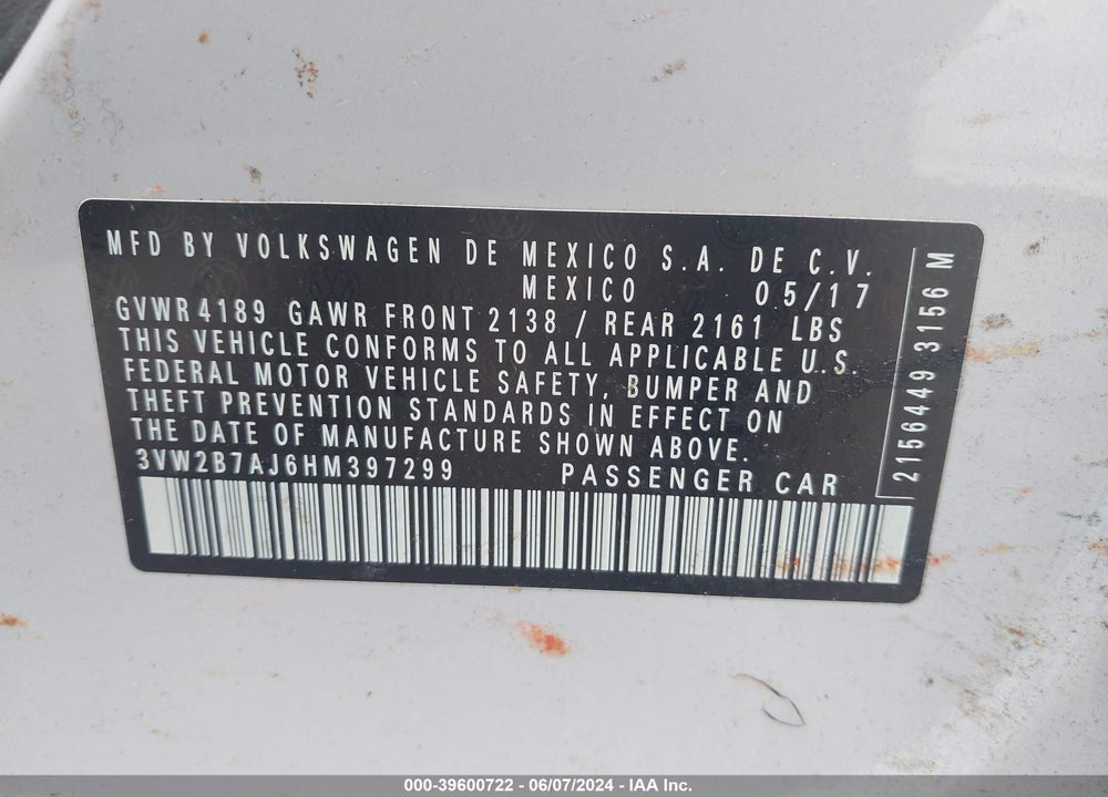 2017 VOLKSWAGEN JETTA 1.4T S VIN: 3VW2B7AJ6HM397299