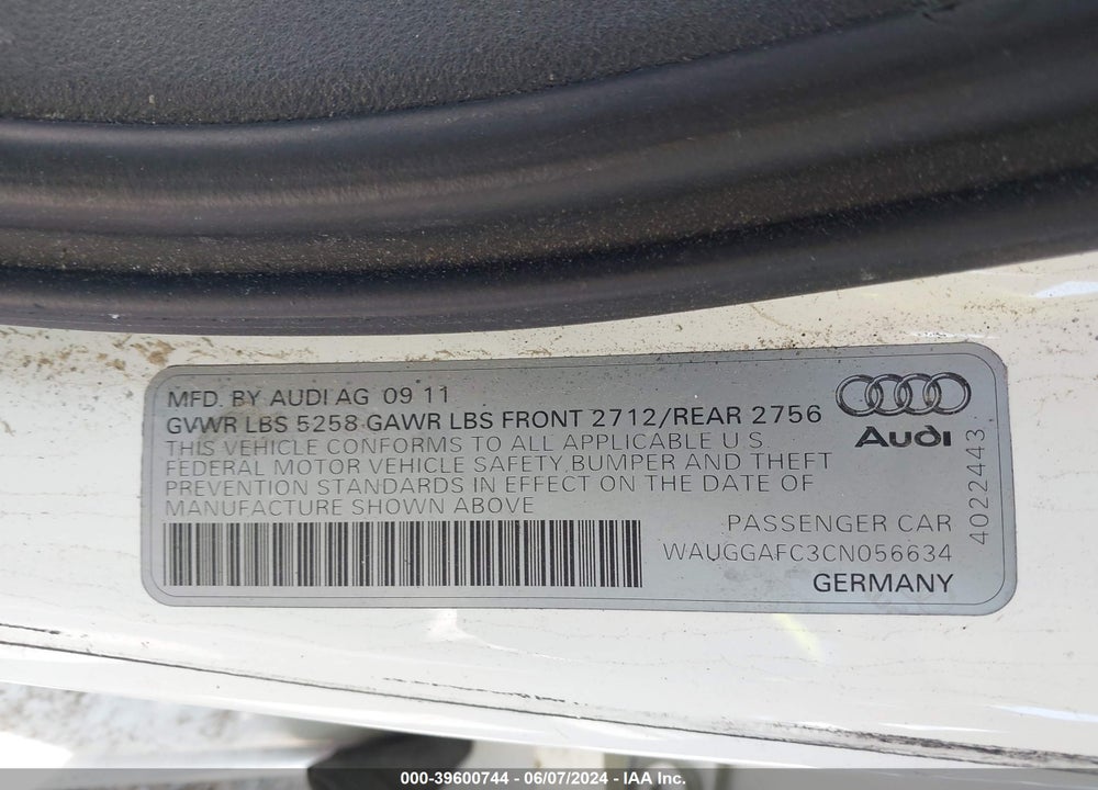 2012 AUDI A6 VIN: WAUGGAFC3CN056634