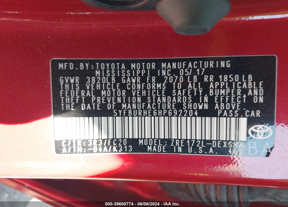 2017 TOYOTA COROLLA SE VIN: 5YFBURHE6HP692204