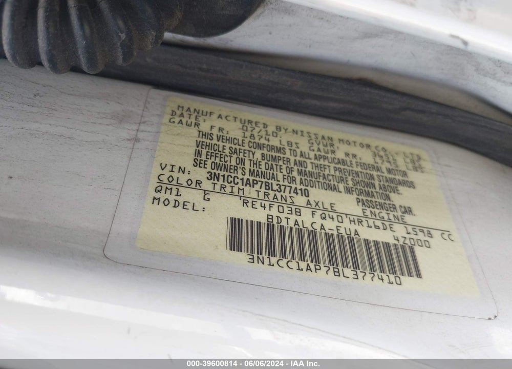 2011 NISSAN VERSA 1.6 VIN: 3N1CC1AP7BL377410