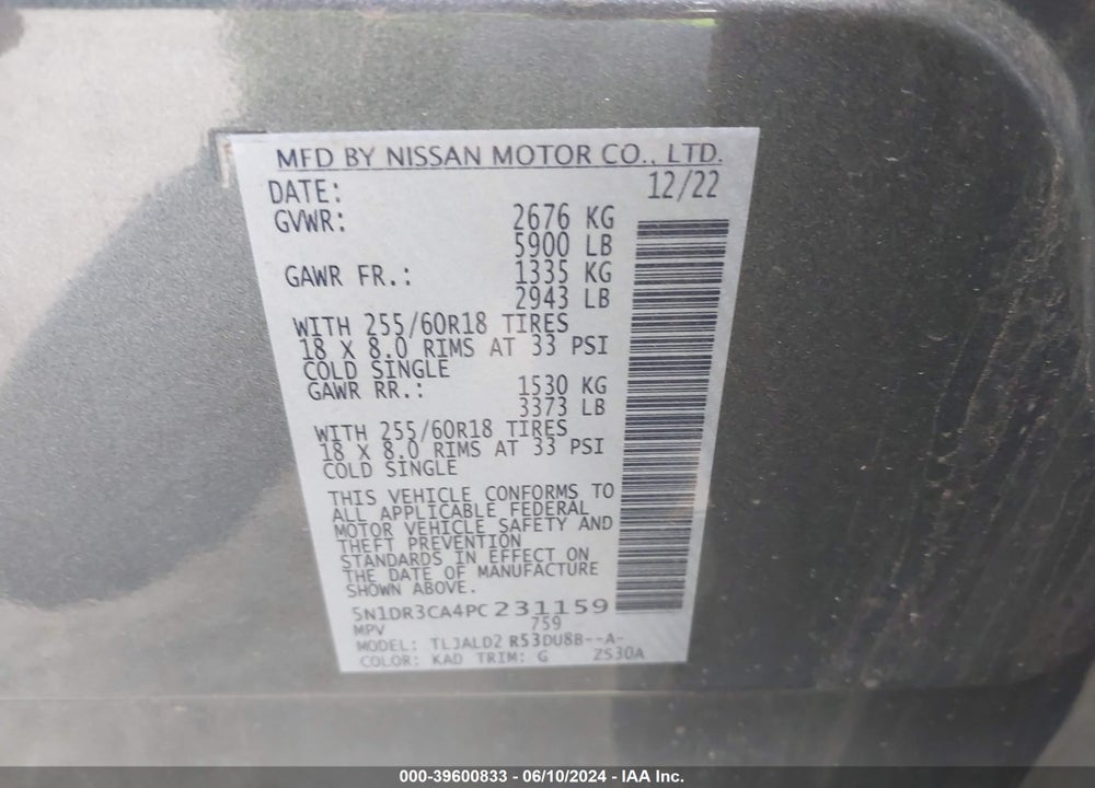 2023 NISSAN PATHFINDER SL FWD VIN: 5N1DR3CA4PC231159
