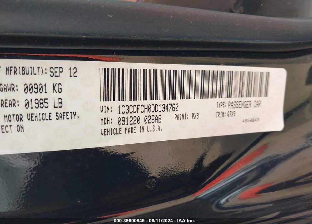 2013 DODGE DART LIMITED VIN: 1C3CDFCH0DD134760
