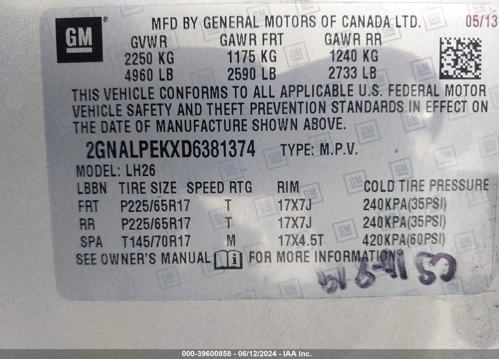 2013 CHEVROLET EQUINOX 2LT VIN: 2GNALPEKXD6381374