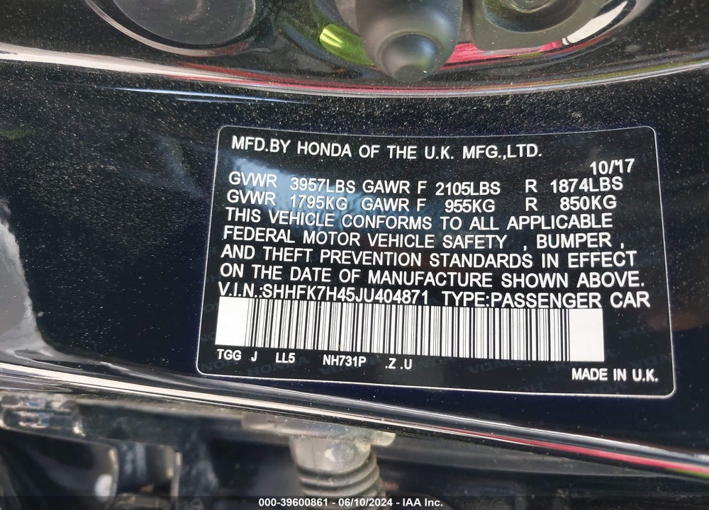 2018 HONDA CIVIC SPORT VIN: SHHFK7H45JU404871