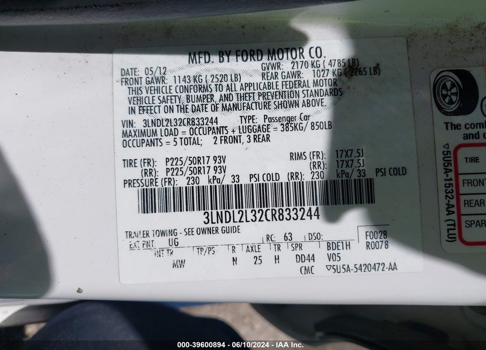 2012 LINCOLN MKZ HYBRID VIN: 3LNDL2L32CR833244