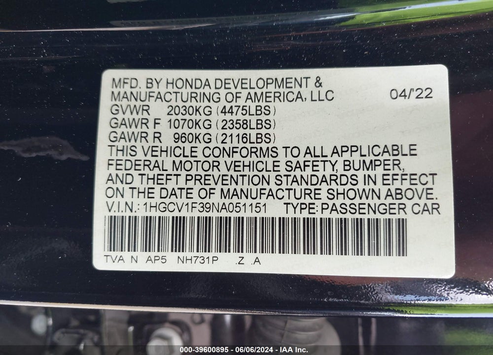 2022 HONDA ACCORD SPORT VIN: 1HGCV1F39NA051151