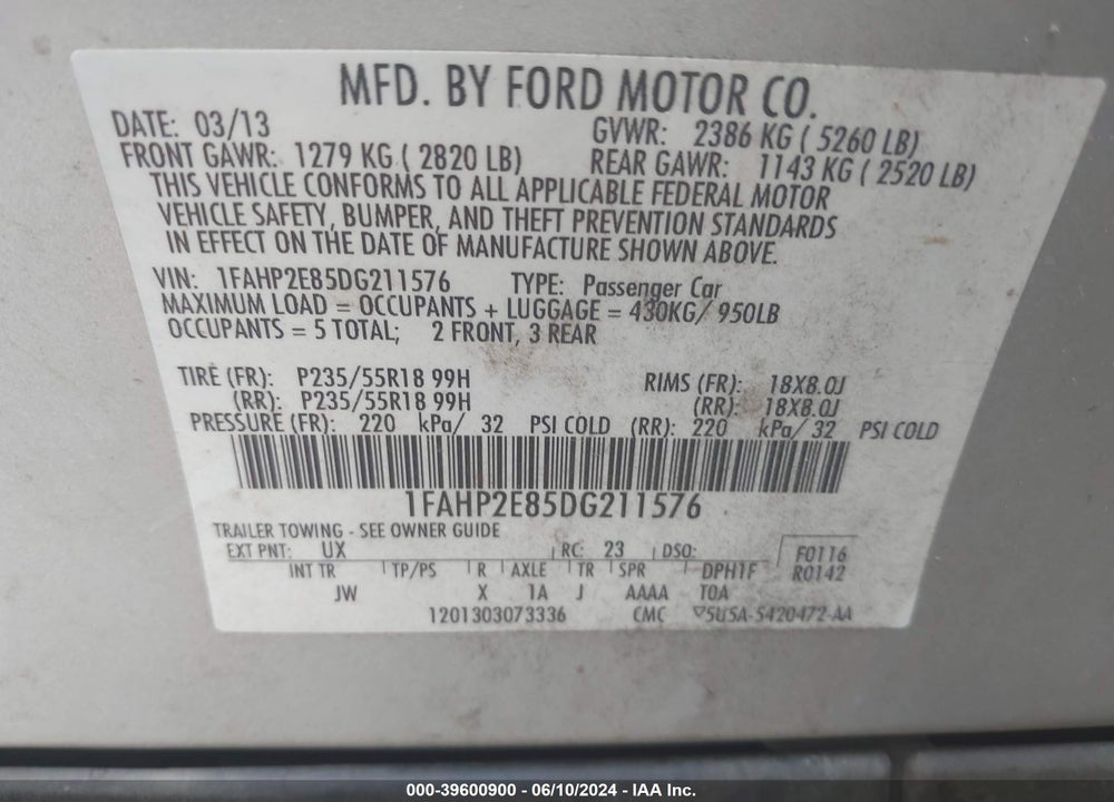 2013 FORD TAURUS SEL VIN: 1FAHP2E85DG211576