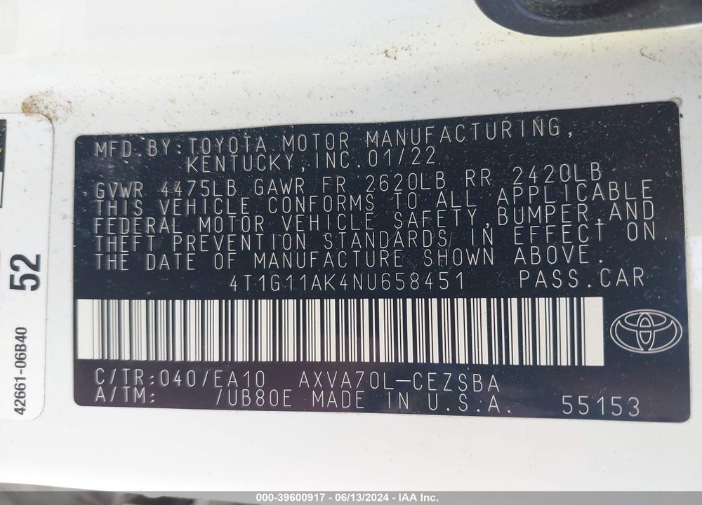 2022 TOYOTA CAMRY SE VIN: 4T1G11AK4NU658451