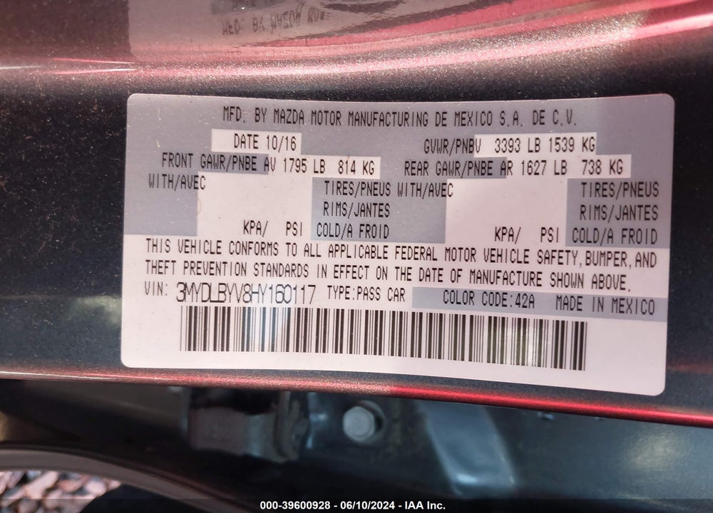 2017 TOYOTA YARIS IA VIN: 3MYDLBYV8HY160117