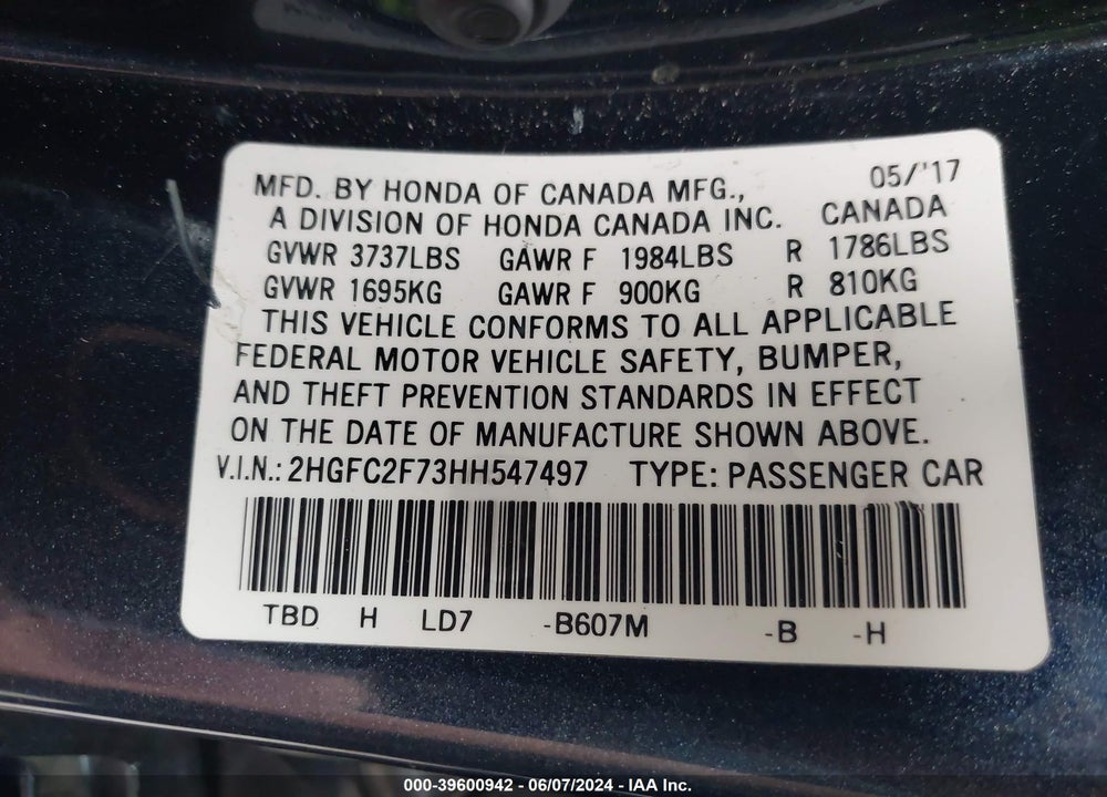 2017 HONDA CIVIC EX VIN: 2HGFC2F73HH547497