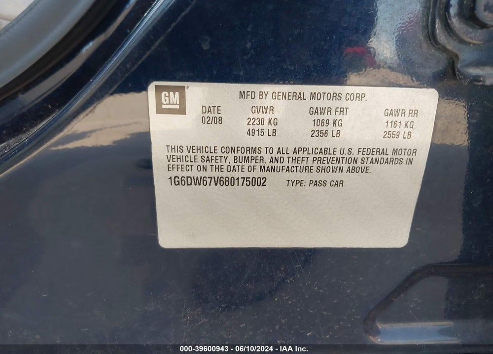 2008 CADILLAC STS V6 VIN: 1G6DW67V680175002