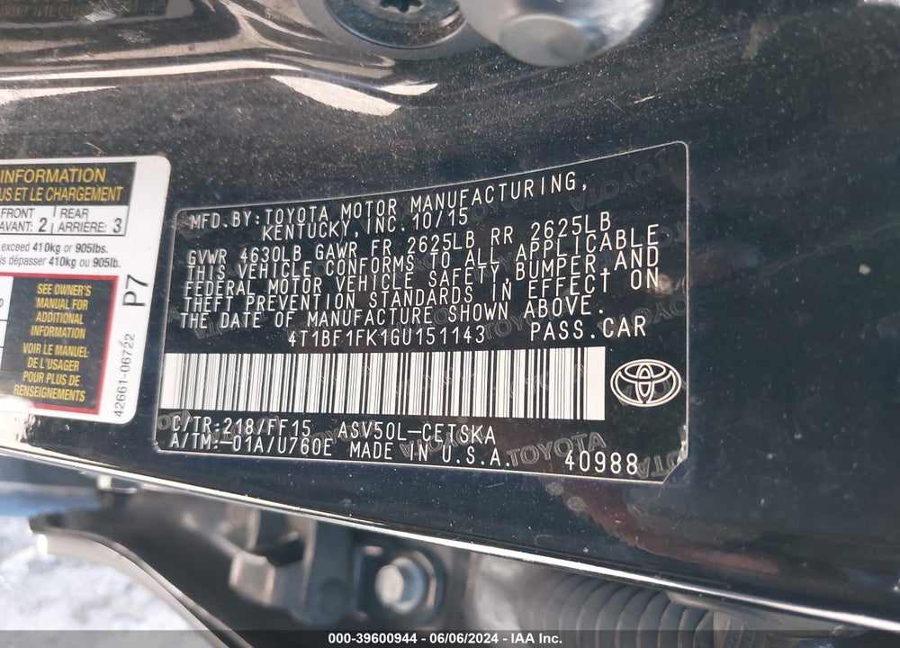 2016 TOYOTA CAMRY SE VIN: 4T1BF1FK1GU151143