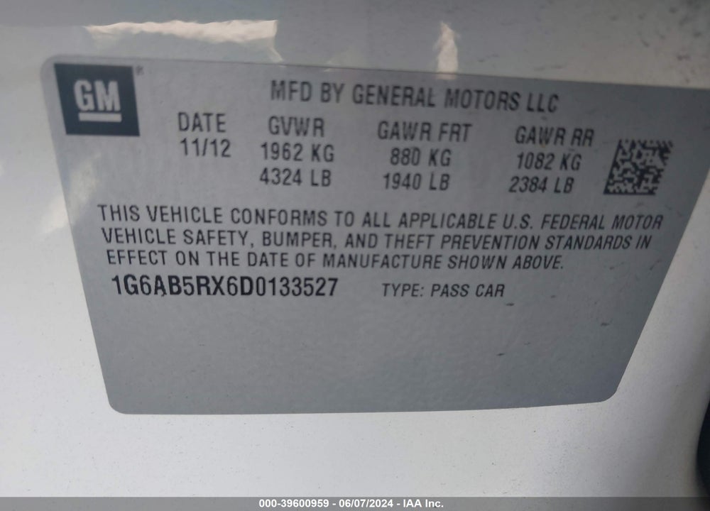 2013 CADILLAC ATS LUXURY VIN: 1G6AB5RX6D0133527