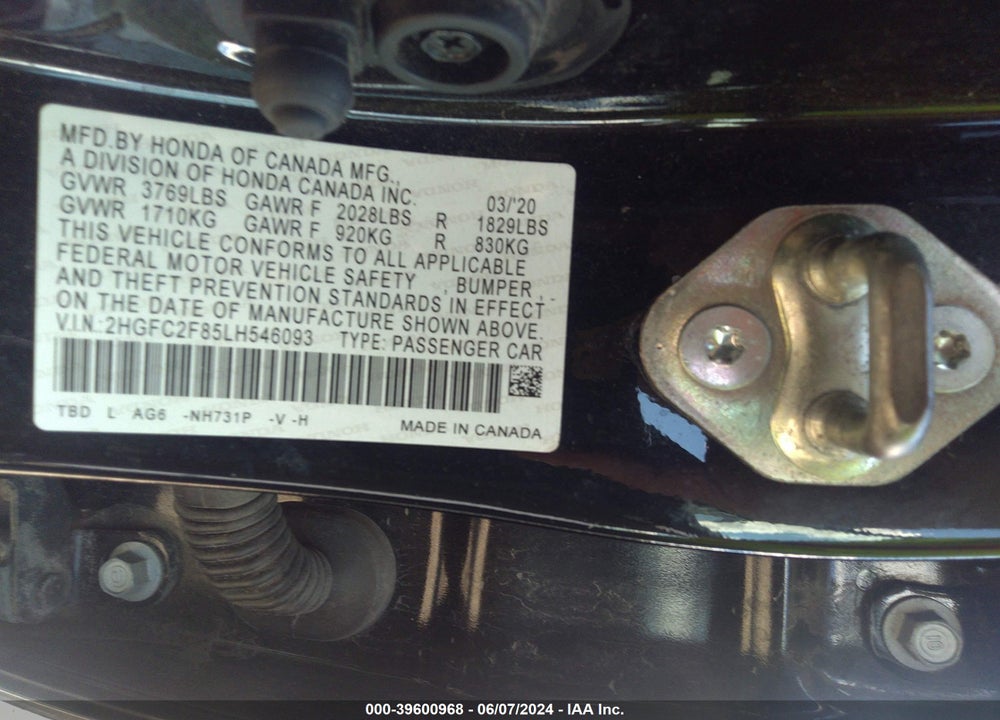 2020 HONDA CIVIC SPORT VIN: 2HGFC2F85LH546093