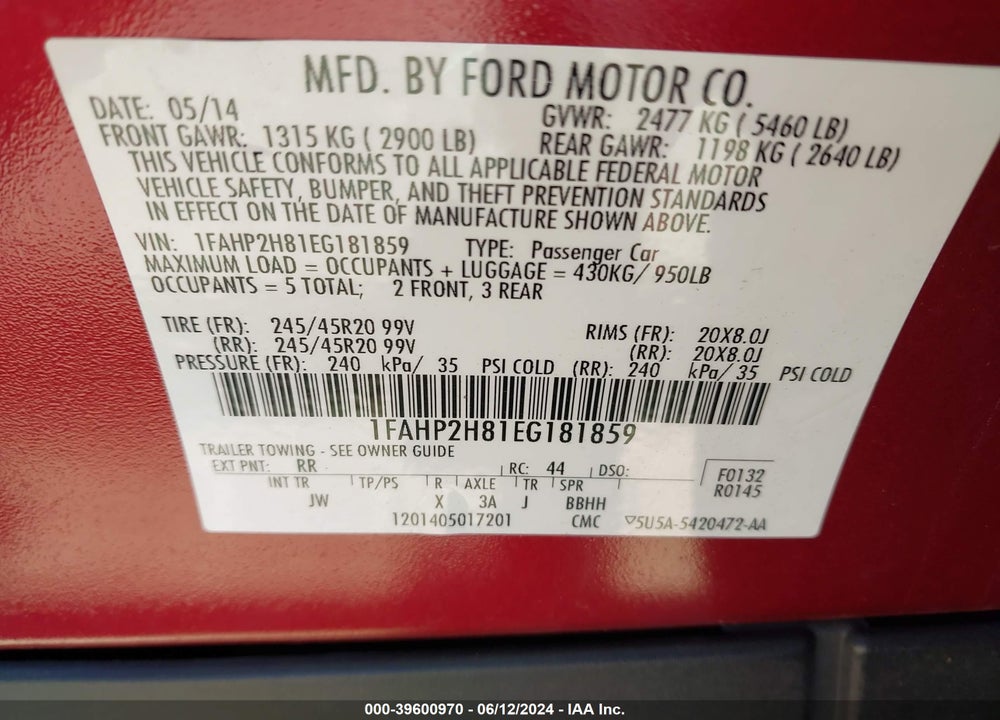 2014 FORD TAURUS SEL VIN: 1FAHP2H81EG181859