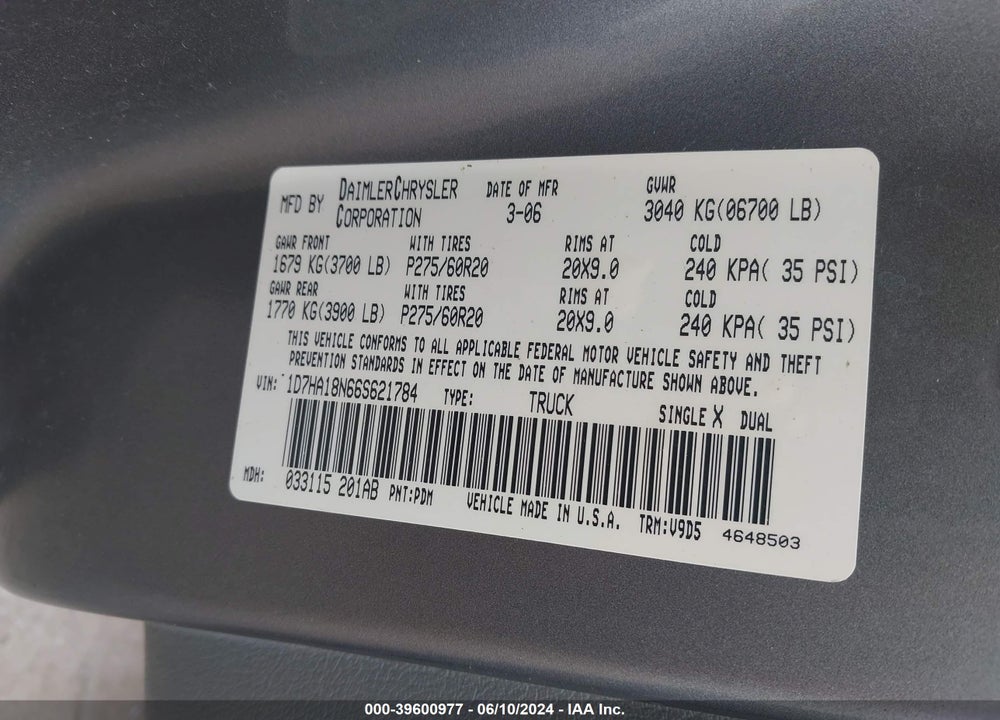 2006 DODGE RAM 1500 SLT VIN: 1D7HA18N66S621784