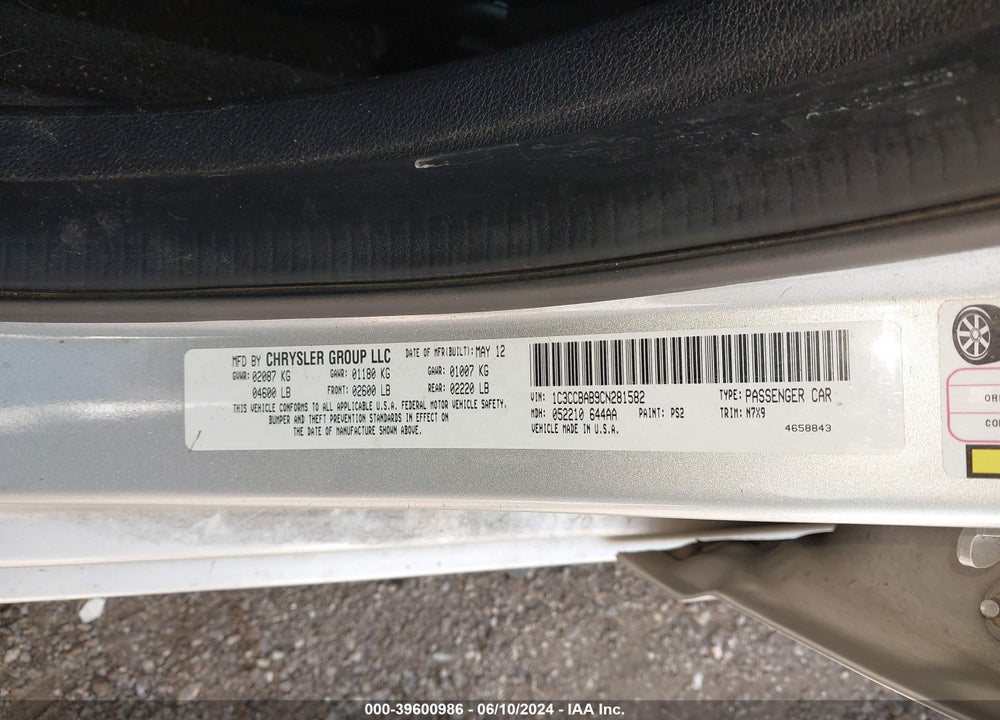 2012 CHRYSLER 200 LX VIN: 1C3CCBAB9CN281582
