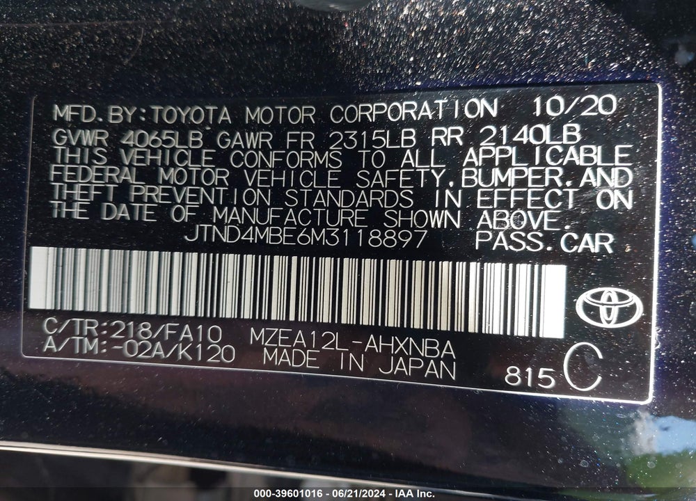 2021 TOYOTA COROLLA SE VIN: JTND4MBE6M3118897