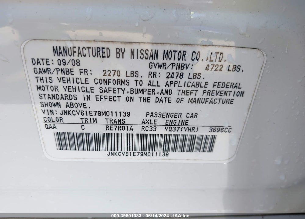 2009 INFINITI G37 VIN: JNKCV61E79M011139