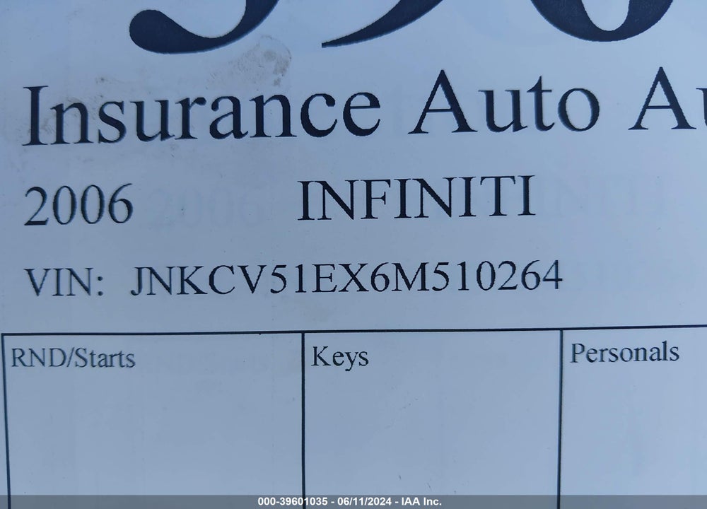 2006 INFINITI G35 VIN: JNKCV51EX6M510264