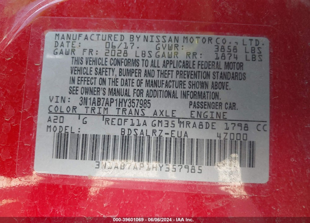 2017 NISSAN SENTRA SR VIN: 3N1AB7AP1HY357985